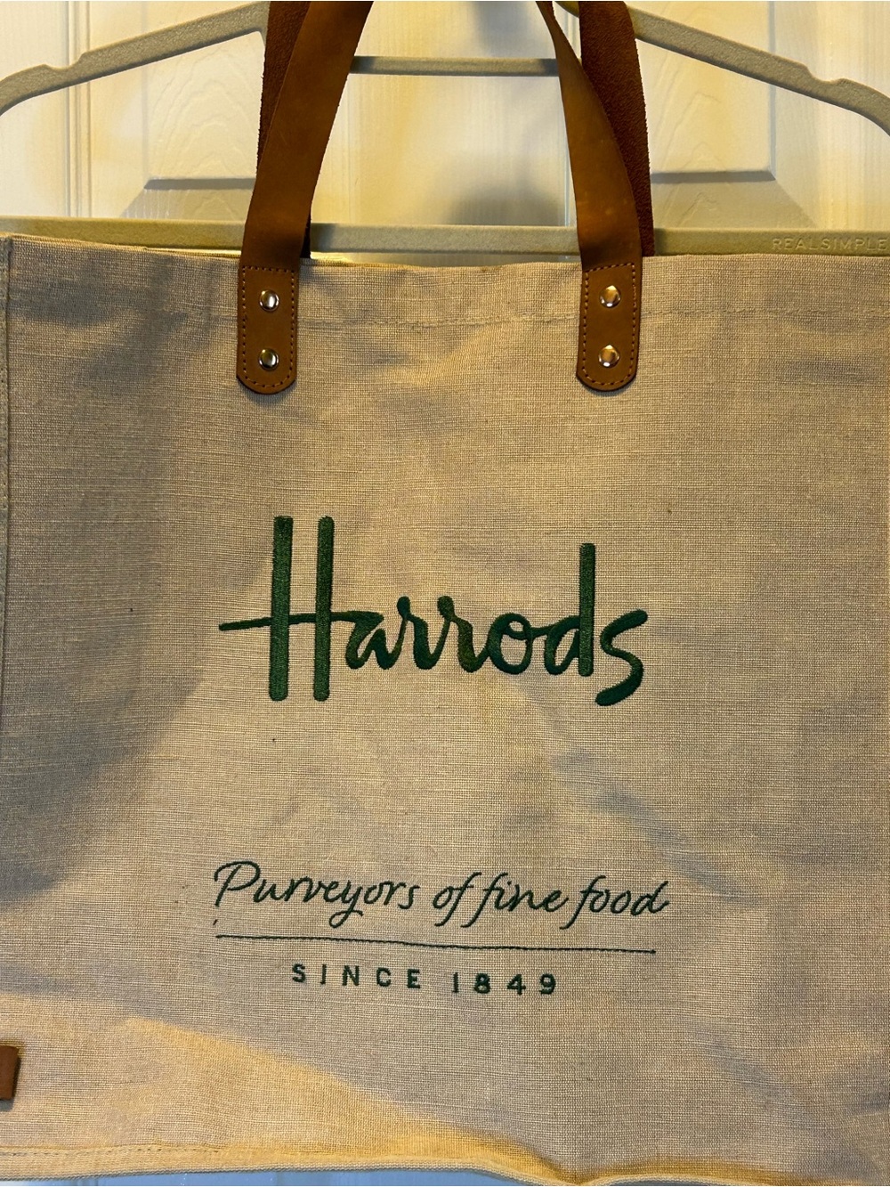 Harrods Natural Canvas Tote with Green Logo and Tan Handles - Picture 2 of 7